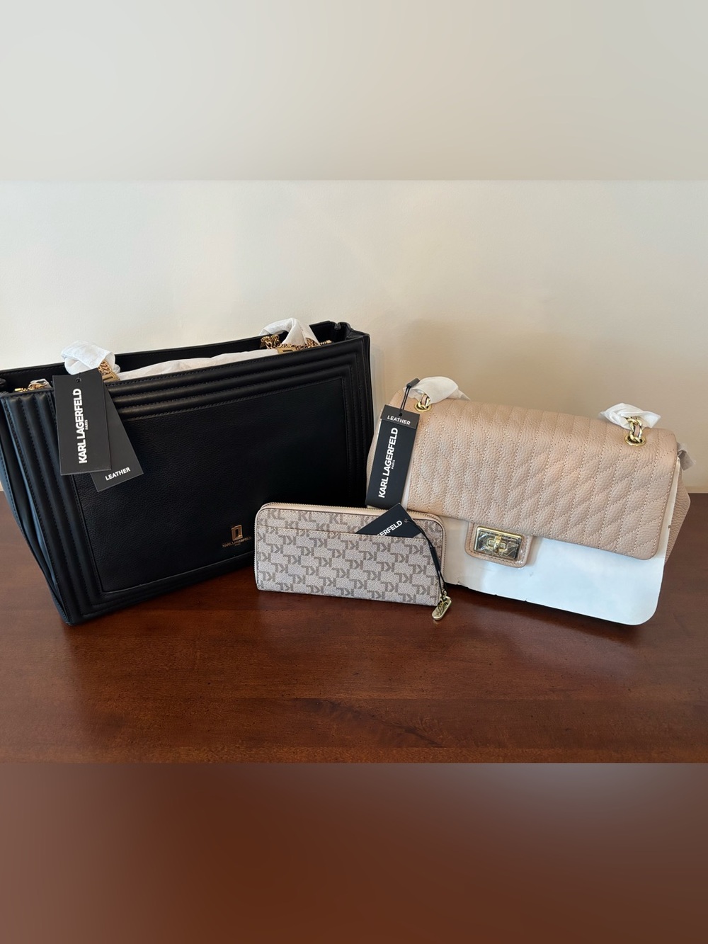 Bundle of 3 Karl Lagerfeld Beige Quilted  Bag w/Wallet & Black Leather Bag